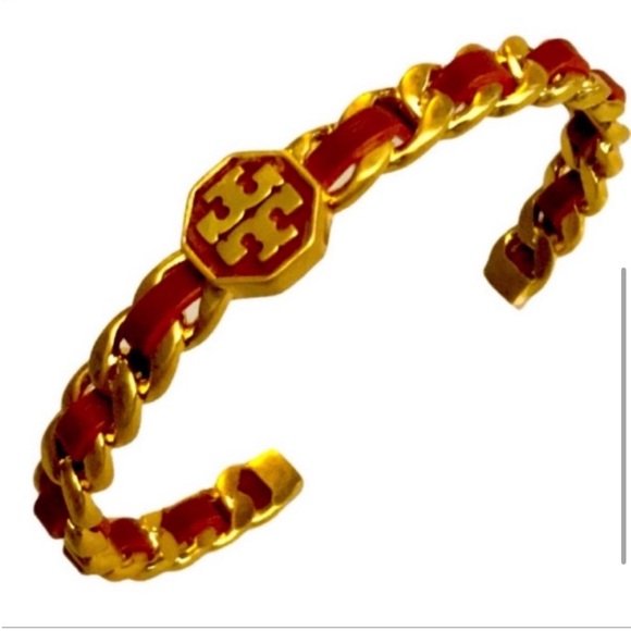 Tory Burch 18 K gold plated brass / nickel free Gorgeous Red Woven leather chain - Picture 1 of 9